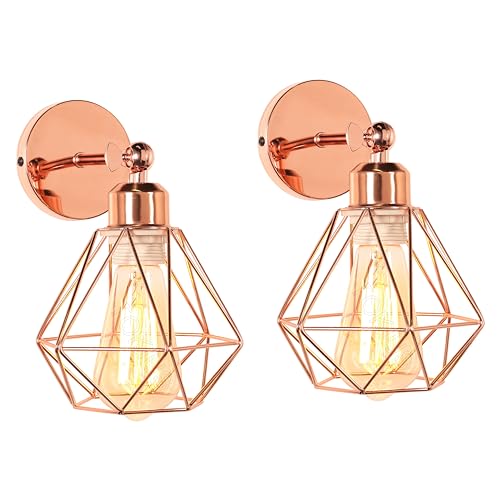 TOKIUS 2 Stücke Wandlampen Vintage 16CM Wandleuchte Innen im Industrial Design Retro E27 Lampe aus Eisen Käfig Lampenschirm Verstellbare Deckenleuchte für Flur Wohnzimmer Schlafzimmer (Roségold) von TOKIUS