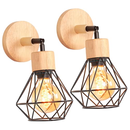 TOKIUS 2 Stücke Wandlampen Vintage 16CM Wandleuchte Innen im Industrial Design Retro E27 Lampe aus Holz Eisen Käfig Lampenschirm Verstellbare Deckenleuchte für Flur Wohnzimmer (Schwarz) von TOKIUS