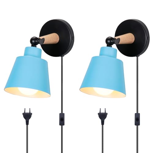 TOKIUS 2 Stücke Wandleuchten, Moderne Wandlampe aus Metall und Holz Deko E27 Fassung Verstellbarer Wandbeleuchtung Innen Wandlampe für Schlafzimmer Wohnzimmer Korridor (Blau, Mit Stecker Schalter) von TOKIUS