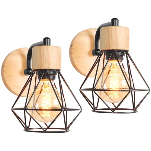 TOKIUS 2 Stücke Wandleuchten 16CM Wandlampe Innen im Industrial Design E27 Vintage Lampe aus Holz und Eisen Käfig Lampenschirm Retro Wandleuchten für Flur Wohnzimmer Schlafzimmer (Schwarz) von TOKIUS