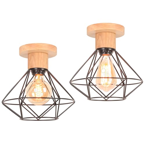 TOKIUS 2x Deckenlampen, 22CM Vintage Deckenleuchte im Industrial Design Retro E27 Lampe aus Holz und Eisen Käfig Pendelleuchte Schwarz (2 Stücke Decke) von TOKIUS