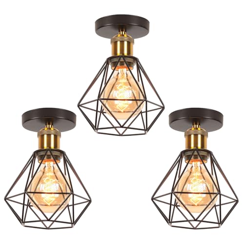 TOKIUS 3 Stücke Deckenlampen, 16CM Vintage Deckenleuchte im Industrial Design Retro Lampe Käfig Pendelleuchte Schwarz Lampenschirm aus Eisen mit E27 Fassung Messing Flurlampe von TOKIUS