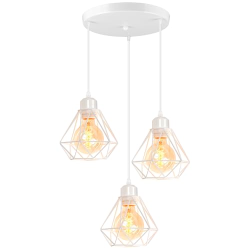 TOKIUS 3-flammig Hängelampe Retro Pendelleuchte im Industrial Design E27 Fassung Industrielle Lampe 16CM Eisen Käfig Weiß Hängeleuchte für Flur Küche Schlafzimmer (Pendellampe, Rondell) von TOKIUS