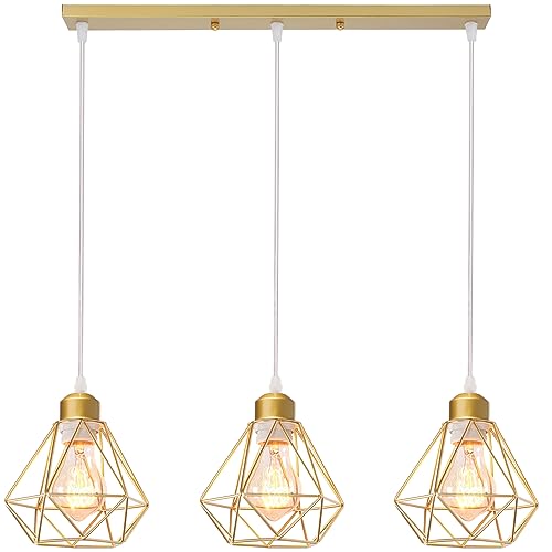 TOKIUS 3-flammig Pendelleuchte 16CM Retro Hängelampe mit Geometrischem Design Lampenschirm E27 Lampe aus Eisen Käfig Gold Hängeleuchte für Esstisch Küche (Pendellampe, Balken) von TOKIUS