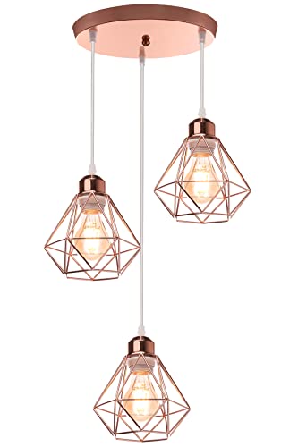 TOKIUS 3-flammig Pendelleuchte Retro Hängelampe mit Geometrischem Design 16CM Lampenschirm E27 Lampe aus Eisen Käfig Roségold Hängeleuchte für Schlafzimmer Küche (Pendellampe, Rondell) von TOKIUS