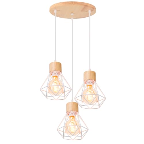 TOKIUS 3-flammig Pendelleuchte Vintage 16CM Industrial Lampe mit Geometrischem Design E27 Hängelampe aus Holz Eisen Käfig Lampenschirm Weiß Hängeleuchte für Wohnzimmer Esstisch Küche (Rondell) von TOKIUS