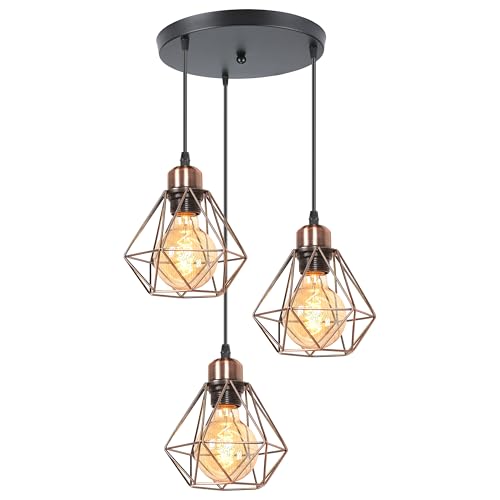 TOKIUS 3-flammig Pendelleuchte Vintage Industrial Hängelampe mit Geometrischem Design E27 Lampe aus Eisen Käfig Lampenschirm Retro Hängeleuchte für Esstisch Küche (Kupferrost, Pendellampe, Rondell) von TOKIUS