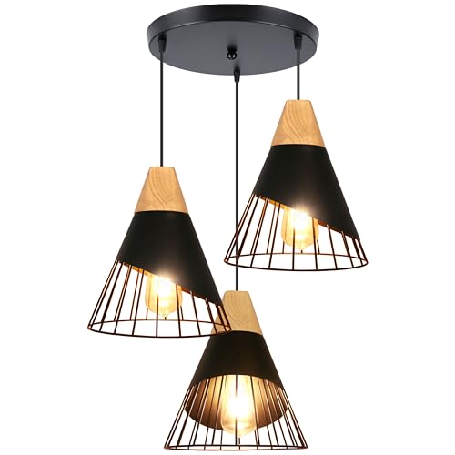 TOKIUS 3-flammig Pendelleuchte Vintage Industrielle Hängelampe mit Holz Retro Deckenlampe E27 Hängeleuchte für Esszimmer Küche Schlafzimmer, 25cm (Schwarz, Typ A) von TOKIUS