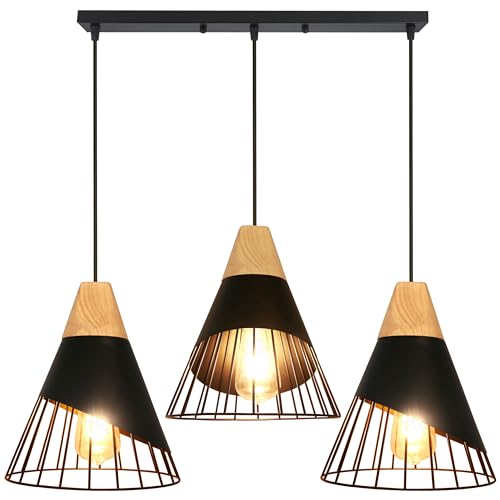 TOKIUS 3-flammig Pendelleuchte Vintage Industrielle Hängelampe mit Holz Retro Deckenlampe E27 Hängeleuchte für Esszimmer Küche Schlafzimmer, 25cm (Schwarz, Typ B) von TOKIUS