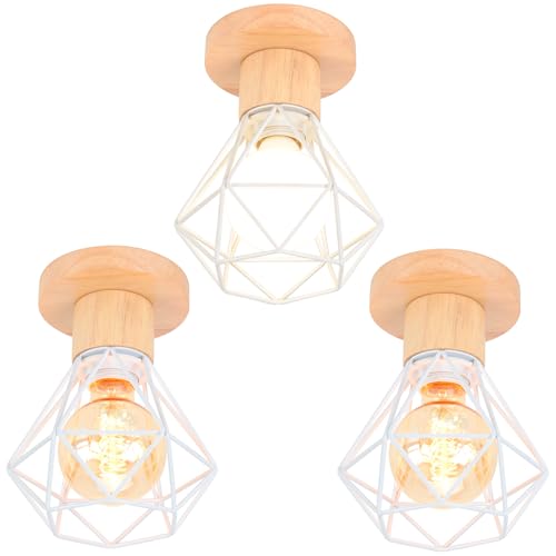 TOKIUS Deckenlampe, 16CM Vintage Deckenleuchte im Industrial Design Retro E27 Lampe aus Holz Eisen Käfig Pendelleuchte Weiß (3 Stücke) von TOKIUS