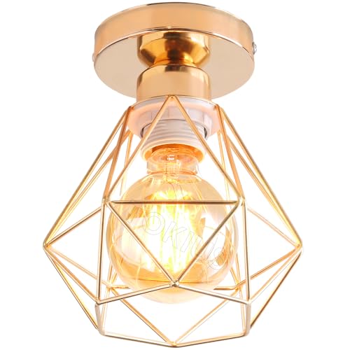 TOKIUS Deckenlampe, 16CM Vintage Deckenleuchte im Industrial Design Retro Lampe aus Eisen Käfig E27 Fassung Pendelleuchte (1 Stück - Gold) von TOKIUS