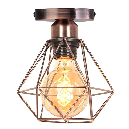 TOKIUS Deckenlampe 16CM Vintage Deckenleuchte im Industrial Design Retro E27 Lampe aus Eisen Geometrisch Käfig Pendelleuchte, Kupferrost (1 Stück) von TOKIUS