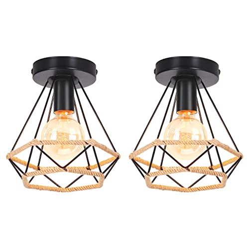 TOKIUS Deckenleuchte Industrielle Vintage Lampe Retro E27 Deckenlampe aus Metall 20CM Käfig Design Pendelleuchte mit Hanfseil für Küche Wohnzimmer Esszimmer Korridor (2 Stücke) von TOKIUS