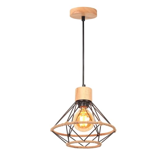 TOKIUS Industrielle Pendelleuchte 22CM Vintage Hängelampe E27 Lampe aus Holz Eisen Retro Käfig Lampenschirm mit Hanfseil Schwarz Hängeleuchte für Esstisch Küche Schlafzimmer (Pendellampe 1-flammig) von TOKIUS