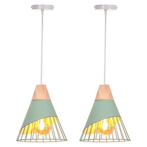 TOKIUS Pendelleuchte Modern Vintage Hängeleuchte Holz Lampenschirm aus Metall E27 Lampenfassung Hängelampe Ø25cm Kreative Deckenleuchte für Schlafzimmer Küche Esszimmer (2 Stücke, Grün) von TOKIUS