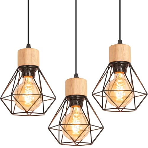 TOKIUS Pendelleuchte Vintage Industrial 16CM Hängelampe Geometrischem Design E27 Lampe aus Holz Eisen Käfig Lampenschirm Schwarz Hängeleuchte für Esstisch Küche (Pendellampe 1-flammig, 3 Stücke) von TOKIUS