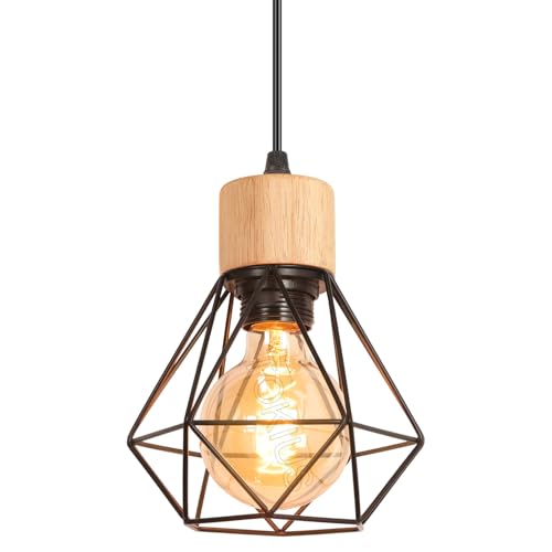 TOKIUS Pendelleuchte Vintage Industrial 16CM Hängelampe Geometrischem Design E27 Lampe aus Holz Eisen Käfig Lampenschirm Schwarz Hängeleuchte mit 150cm Draht für Esstisch Küche (Pendellampe 1-flammig) von TOKIUS