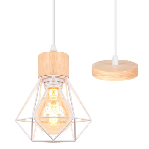 TOKIUS Pendelleuchte Vintage Industrial 16CM Hängelampe Geometrischem Design E27 Lampe aus Holz Eisen Käfig Lampenschirm Weiß Hängeleuchte mit 150cm Draht für Esstisch Küche (Pendellampe 1-flammig) von TOKIUS
