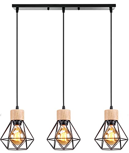 TOKIUS Pendelleuchte Vintage Industrial 16CM Hängelampe mit Geometrischem Design E27 Lampe aus Holz Eisen Käfig Lampenschirm Schwarz Hängeleuchte für Esstisch Küche (Pendellampe 3-flammig, Balken) von TOKIUS