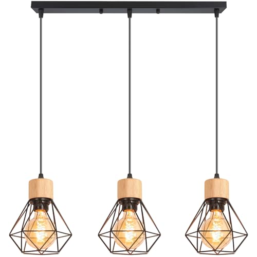 TOKIUS Pendelleuchte Vintage Industrial 16CM Hängelampe mit Geometrischem Design E27 Lampe aus Holz Eisen Käfig Lampenschirm Schwarz Hängeleuchte für Esstisch Küche (Pendellampe 3-flammig, Balken) von TOKIUS