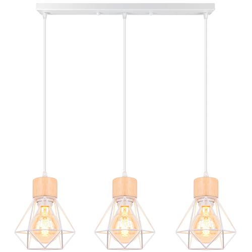 TOKIUS Pendelleuchte Vintage Industrial 16CM Hängelampe mit Geometrischem Design E27 Lampe aus Holz Eisen Käfig Lampenschirm Weiß Hängeleuchte für Esstisch Küche (Pendellampe 3-flammig, Balken) von TOKIUS