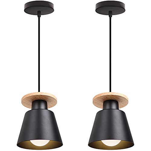 TOKIUS Pendelleuchte Vintage Industrial Hängelampe Holz Metall Lampenschirm E27 Retro Deckenlampe Hängelleuchte für Wohnzimmer Esszimmer (Schwarz, 2 Stücke) von TOKIUS