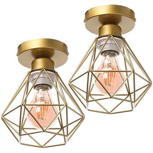 TOKIUS Retro Deckenlampe 16CM Vintage Deckenleuchte im Industrial Design Geometrisch Lampenschirm E27 Lampe aus Eisen Käfig Pendelleuchte Gold (2 Stücke) von TOKIUS