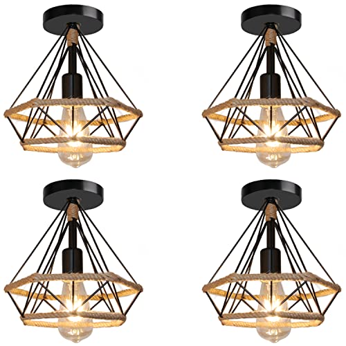 TOKIUS Retro Deckenleuchte, Industrielle Deckenlampe 25cm E27 Vintage Pendelleuchte Schwarz Lampenschirm aus Metall mit Hanfseil Diamant-Design Lampe für Esszimmer Flur Wohnzimmer Café (4 Stücke) von TOKIUS