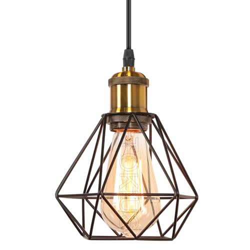 TOKIUS Retro Hängelampe 16CM Vintage Pendelleuchte Industrial Lampe Käfig Schwarz Lampenschirm aus Eisen mit E27 Fassung Messing Industrie Lampe für Flur Küche Schlafzimmer (1-flammige Hängeleuchte) von TOKIUS