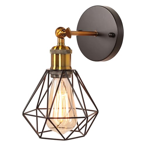TOKIUS Wandlampe Vintage 16CM Wandleuchte Innen im Industrial Design Retro E27 Lampe aus Eisen Käfig Lampenschirm Schwarz Verstellbare Deckenleuchte Wandlampe für Flur Wohnzimmer (Messing Fassung) von TOKIUS