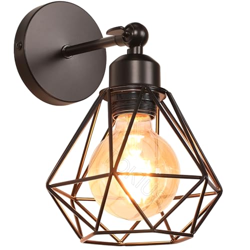 TOKIUS Wandlampe Vintage 16CM Wandleuchte Innen im Industrial Design Retro E27 Lampe aus Eisen Käfig Lampenschirm Verstellbare Deckenleuchte für Flur Wohnzimmer (1 Stück, Schwarz) von TOKIUS