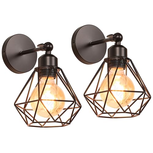 TOKIUS Wandlampe Vintage 16CM Wandleuchte Innen im Industrial Design Retro E27 Lampe aus Eisen Käfig Lampenschirm Verstellbare Deckenleuchte für Flur Wohnzimmer (2 Stücke, Schwarz) von TOKIUS