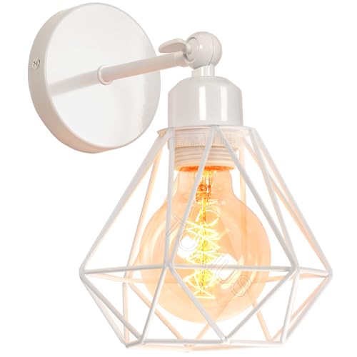 TOKIUS Wandlampe Vintage 16CM Wandleuchte Innen im Industrial Design Retro E27 Lampe aus Eisen Käfig Lampenschirm Verstellbare Deckenleuchte für Flur Wohnzimmer (1 Stück, Weiß) von TOKIUS