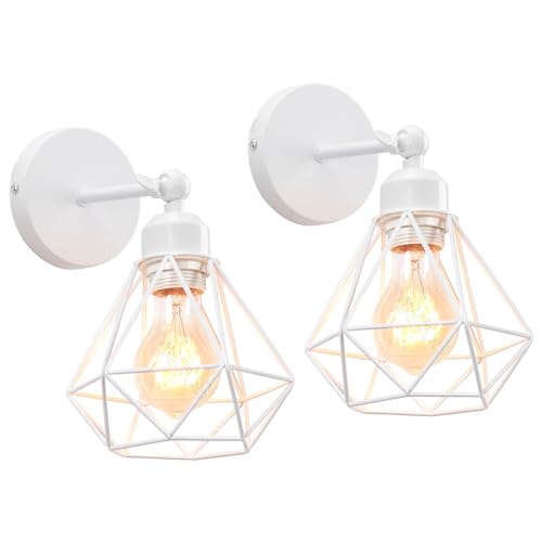 TOKIUS Wandlampe Vintage 16CM Wandleuchte Innen im Industrial Design Retro E27 Lampe aus Eisen Käfig Lampenschirm Verstellbare Deckenleuchte für Flur Wohnzimmer (2 Stücke, Weiß) von TOKIUS