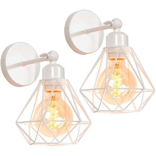 TOKIUS Wandlampe Vintage 16CM Wandleuchte Innen im Industrial Design Retro E27 Lampe aus Eisen Käfig Lampenschirm Verstellbare Deckenleuchte für Flur Wohnzimmer (2 Stücke, Weiß) von TOKIUS