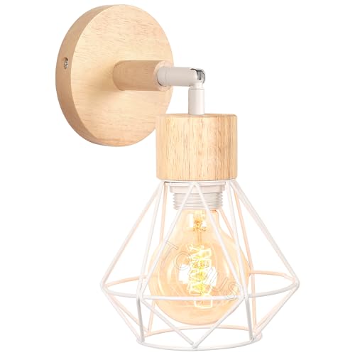 TOKIUS Wandlampe Vintage 16CM Wandleuchte Innen im Industrial Design Retro E27 Lampe aus Eisen Käfig Lampenschirm Verstellbare Deckenleuchte für Flur Wohnzimmer (Holz, Weiß, 1 Stück) von TOKIUS