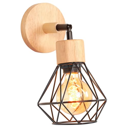 TOKIUS Wandlampe Vintage 16CM Wandleuchte Innen im Industrial Design Retro E27 Lampe aus Holz Eisen Käfig Lampenschirm Verstellbare Deckenleuchte für Flur Wohnzimmer (Schwarz, 1 Stück) von TOKIUS