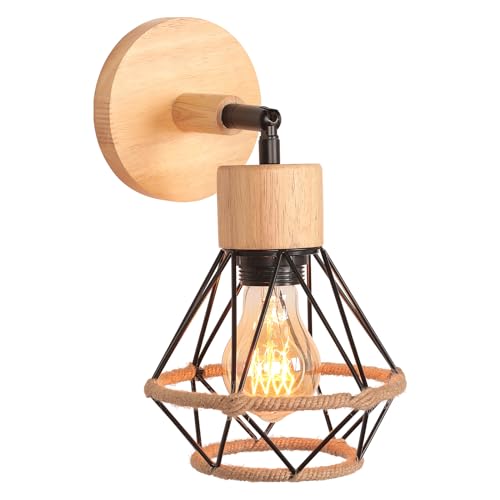 TOKIUS Wandlampe Vintage 16CM Wandleuchte Innen im Industrial Design Retro E27 Lampe aus Holz Eisen Käfig Lampenschirm mit Hanfseil Verstellbare Deckenleuchte für Flur Wohnzimmer (Schwarz, 1 Stück) von TOKIUS
