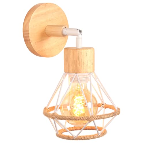 TOKIUS Wandlampe Vintage 16CM Wandleuchte Innen im Industrial Design Retro E27 Lampe aus Holz Eisen Käfig Lampenschirm mit Hanfseil Verstellbare Deckenleuchte für Flur Wohnzimmer (Weiß, 1 Stück) von TOKIUS