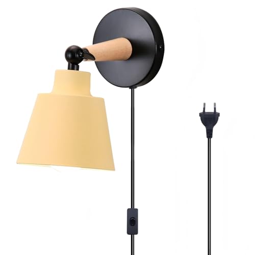 TOKIUS Wandleuchte Innen Moderne Nachttischlampe aus Metall und Holz Deko E27 Fassung Verstellbarer Wandbeleuchtung Innen Wandlampe für Schlafzimmer Wohnzimmer Flur (Hellgelb, Mit Stecker Schalter) von TOKIUS
