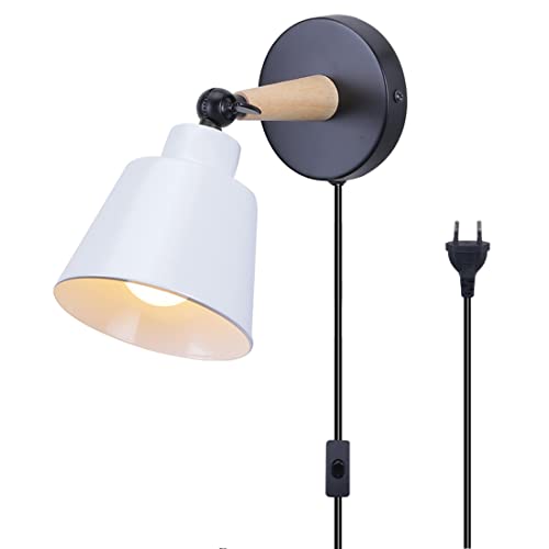 TOKIUS Wandleuchte Innen Moderne Nachttischlampe aus Metall und Holz Deko E27 Fassung Verstellbarer Wandbeleuchtung Innen Wandlampe für Schlafzimmer Wohnzimmer Flur (Weiß, Mit Stecker Schalter) von TOKIUS