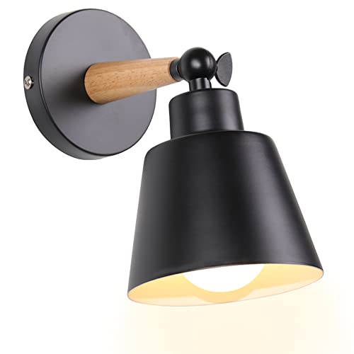 TOKIUS Wandleuchte Moderne, Wandlampe aus Metall und Holz Deko Verstellbarer Wandstrahler E27 Fassung Innen Wandlampe für Schlafzimmer Wohnzimmer Korridor (Schwarz) von TOKIUS