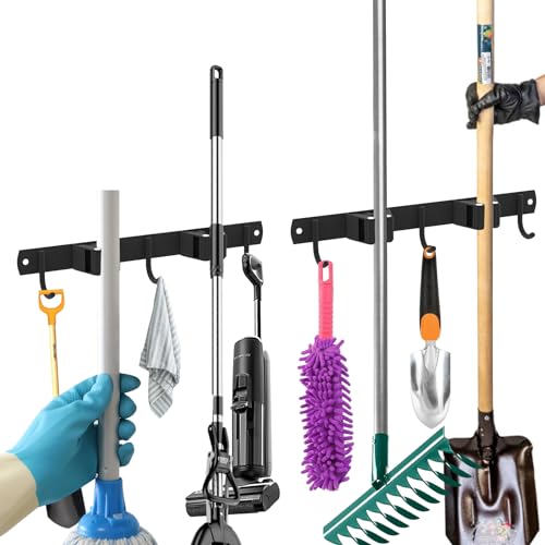 TOKSEO 2 Stück Besenhalterung Wand,Edelstahl Wandhalterung Besen Mop Halter mit 5 Halter und 4 Haken für Zuhause, Küche, Badezimmer,Garage, Garten(Schwarz) von TOKSEO