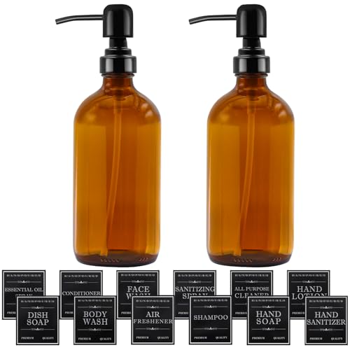 TOKSEO 2 Stück Seifenspender Glas, Seifenspender Braun 500ml mit Edelstahl Pumpspender und Etiketten, Soap Dispenser Kitchen, Spülmittelspender für Küche, Bad von TOKSEO