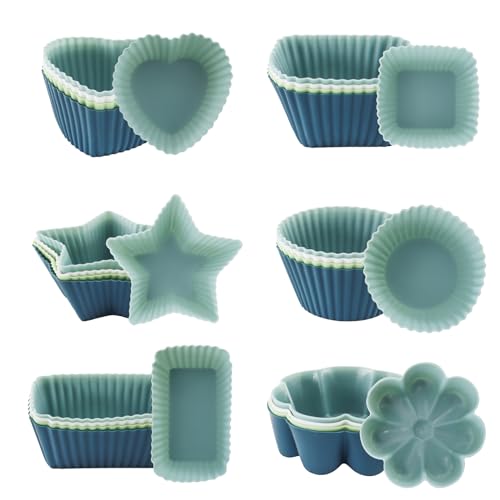 TOKSEO 24 Stück Silikon Muffinförmchen,6 Typen Formen Wiederverwendbare Silikon Backformen, Antihaft Beschichtete Muffin Silikonform, spülmaschinenfest (4 Farben) von TOKSEO