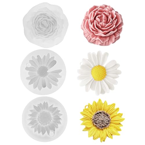 TOKSEO 3 Stück Silikonform Blumen, Pfingstrose/Gänseblümchen/Sonnenblume Silikonformen Gießformen Blumen Kerzen, DIY Kerzen Silikonformen Blumen von TOKSEO