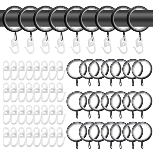 TOKSEO 40 Gardinenringe und 40 Kunststoff Gardinenhaken, Gardinen Ringe Schwarz Metall Vorhangringe mit Gleiteinlage für Fenstervorhang Bettvorhang Duschvorhang(27mm Innendurchmesser) von TOKSEO