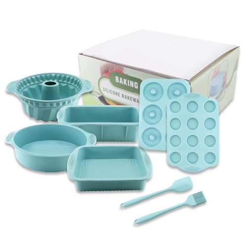 TOKSEO 8 in 1 Antihaft Silikon Backform Set, Silikon Muffinförmchen, Silikon Rechteckig/Quadratische/Gugelhupf/Runde/Donuts Backform mit Teigschaber und Backpinsel für Pizza Brot Kuchen Muffin von TOKSEO