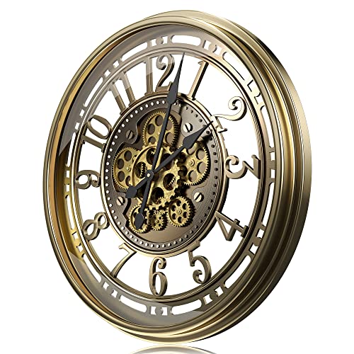 TOKTEKK 53.3 cm große Wanduhr mit echten beweglichen Zahnrädern, batteriebetrieben, modernes Metall, geräuschlos, industrielle Steampunk-Wanduhr für Wohnzimmerdekoration (Vintage-Bronze, arabisch) von TOKTEKK