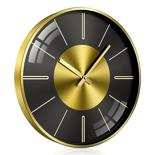 TOKTEKK Wanduhr Ohne Tickgeräusche Lautlos Modern wanduhren 12 Zoll Rund Geräuschlos Küchenuhr Aluminium Wall Clock Für Wohnzimmer Küche Schlafzimmer Und Büro(Schwarzgoldene Skala) von TOKTEKK